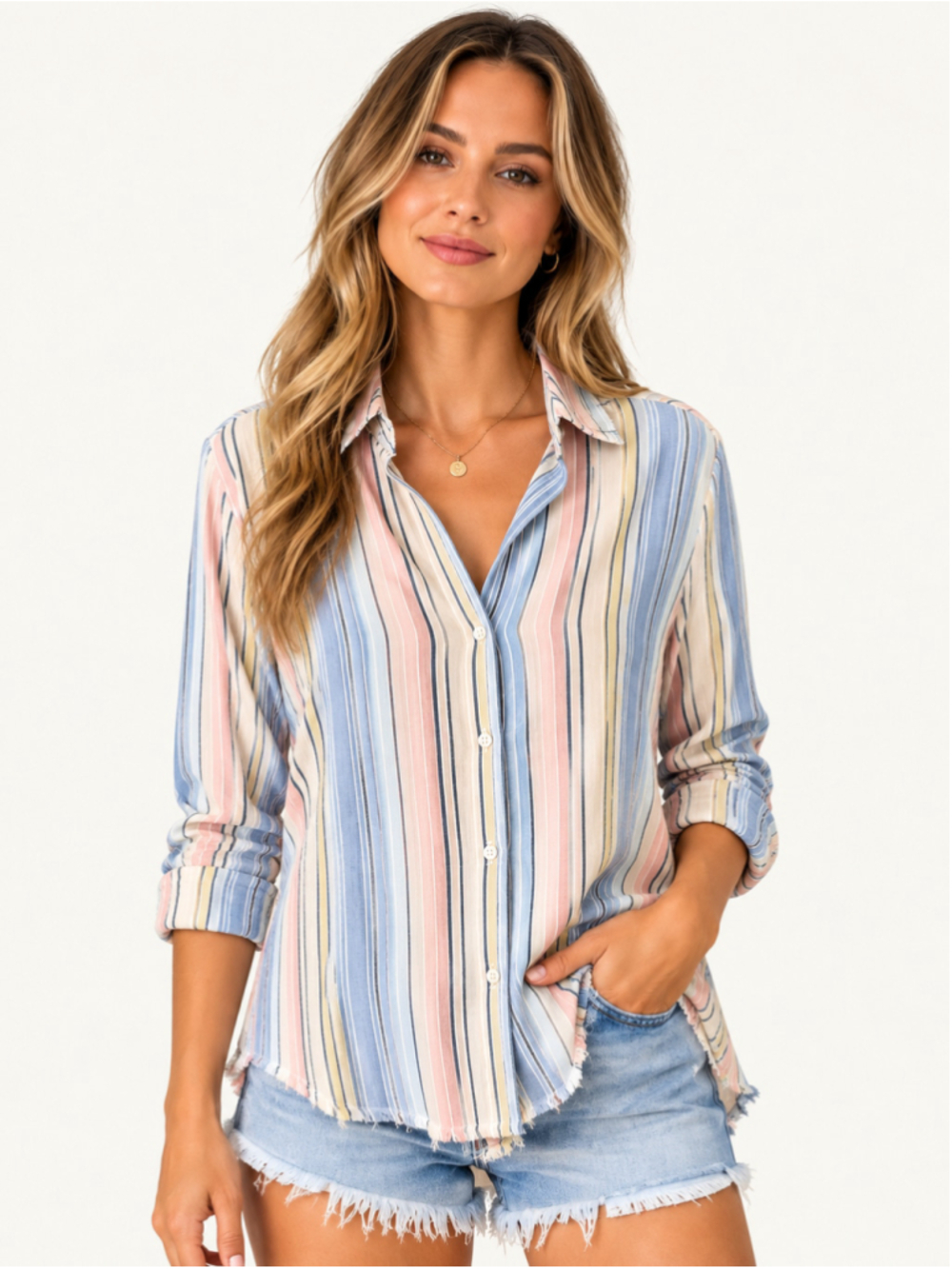Bella Dahl Pastel Striped Button Down Shirt Frayed Hem Size M